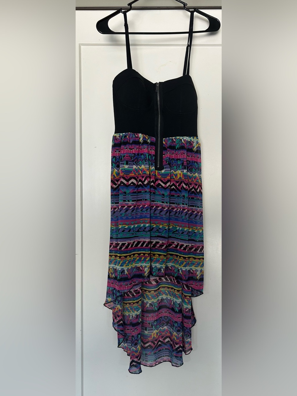 Material Girl Black Bodice Multicolor Tribal High-Low Dress